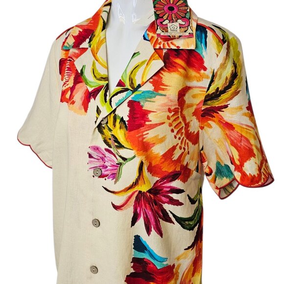 Farm Rio x Anthropologie Scalloped Shirt Dress, Linen Blend, Floral, Resort, M - Picture 7 of 11